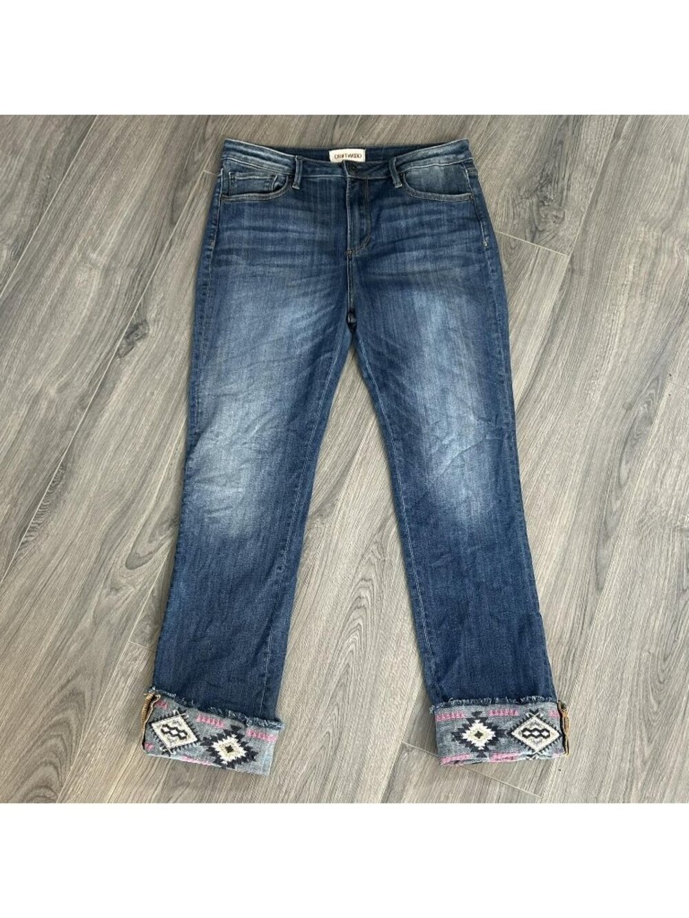 Driftwood Colette High Rise Jeans Womens 30 Blue Embroidered Cuff Fringe Boho